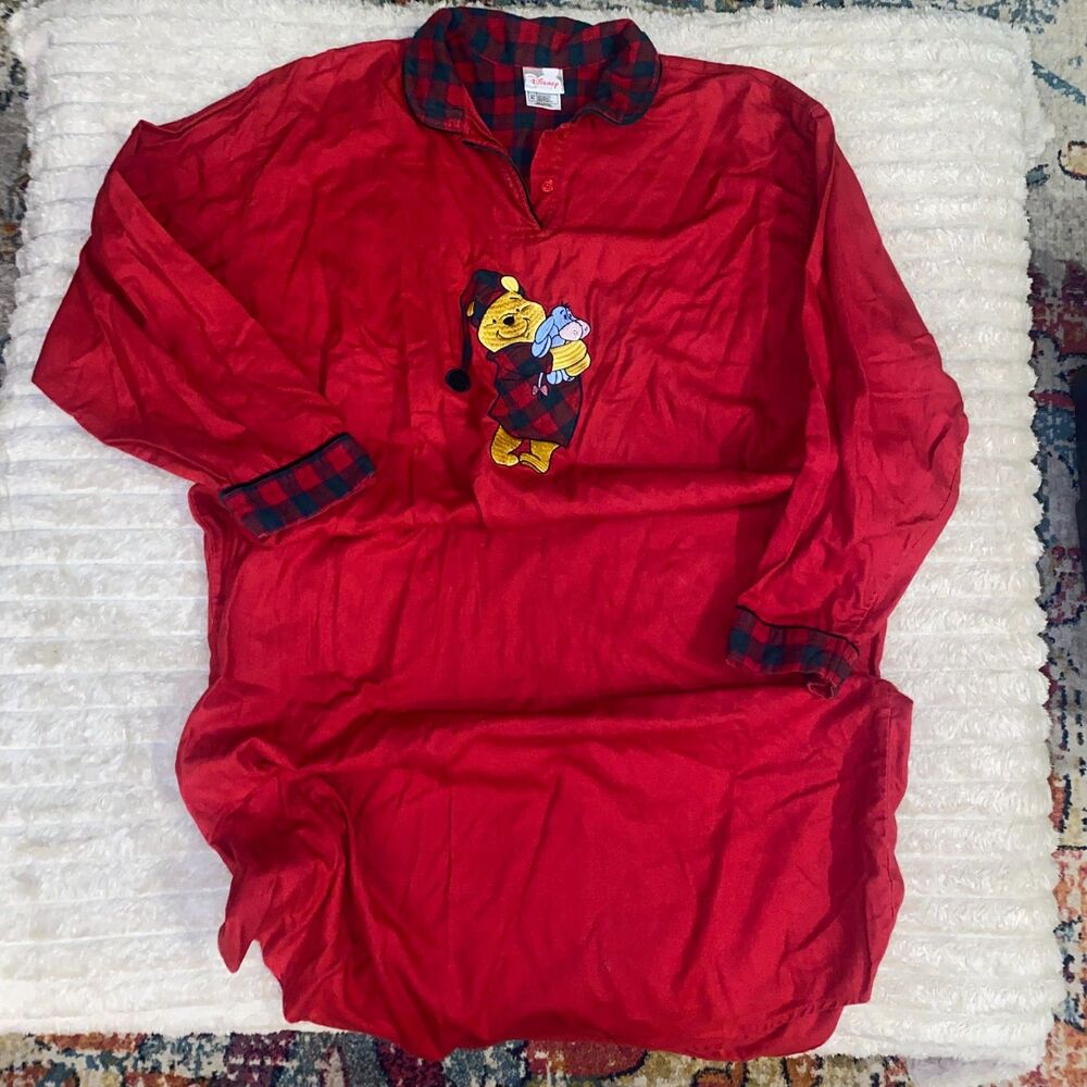 Vintage Disney Winnie the Pooh Embroidered Flannel Nightgown Plaid Red XL